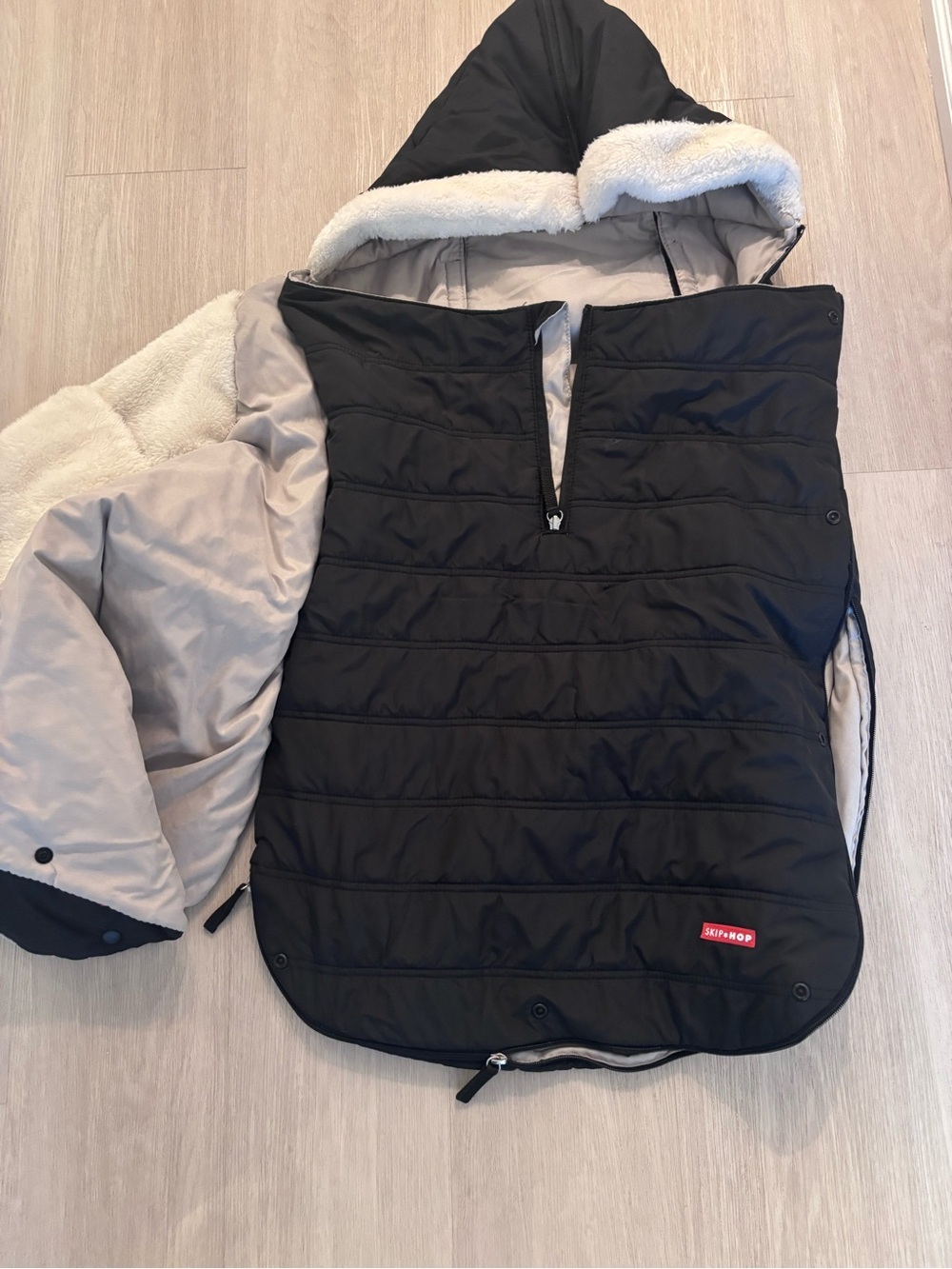 Skip Hop Black and Cream Quilted Puffer Jacket with Sherpa Hood